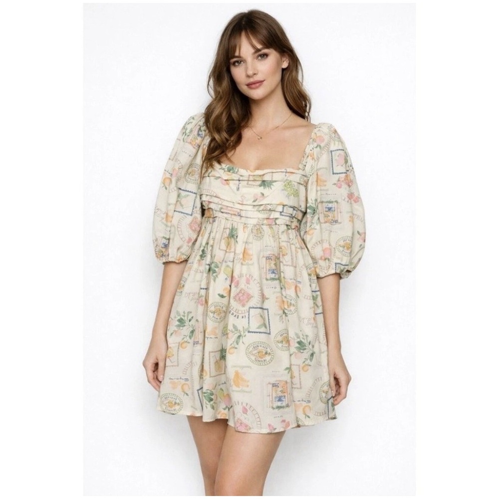 Abercrombie & Fitch Womens Linen Blend Puff Sleeve Fruit Print Short Dress Sz 2X